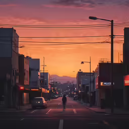 a man walking down the street at sunset