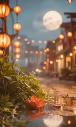 a wet surface with a flower, candles and lanterns