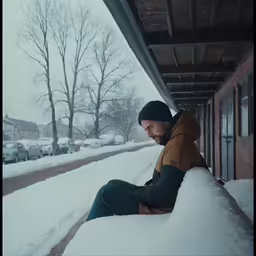 the young man is sitting on a ledge by the street