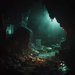 a cave with a woman kneeling next to a glowing fire