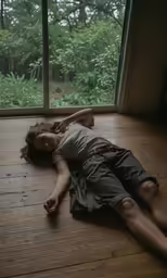 a woman laying on the floor in front of a window