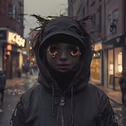 someone with dread locks in a hooded jacket on the street