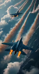 two fighter jets fly past a formation of clouds