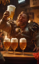 a man in a medieval outfit holding a beer glass