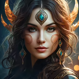 a woman with large horns, gold earrings and blue eyes