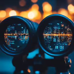 view of the city at night through binoculars