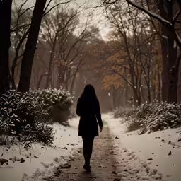 a person walks down the snowy path at night