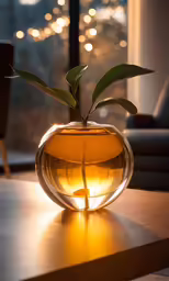 the small vase on the coffee table has a green sprig in it
