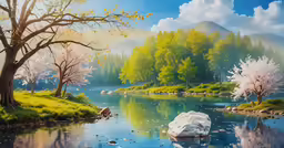 a painting of a lake, a large rock, and some trees