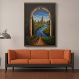 an orange sofa next to an orange wall,the painting is hanging on the wall above the sofa