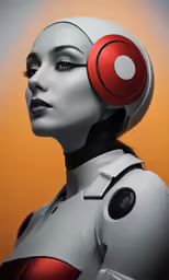 the robot lady is wearing headphones and red eye shadow
