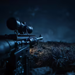 a scope and sight sight rifle sitting on the ground