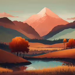 a painting of a landscape that has snow capped mountains and trees on them,a colorful painting of an autumn mountain landscape