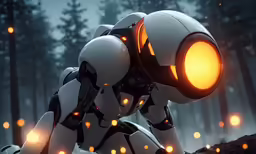 a robot is illuminated by red lights in the woods