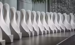 a row of white chairs that have long, slender legs