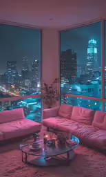 a room with some couches, tables and a view of a city