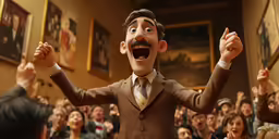 an animated man in suit and tie is surrounded by many people