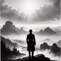 black and white photograph of a man standing on a hill