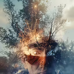 an artistic photograph with trees, and two people looking at each other through the glass