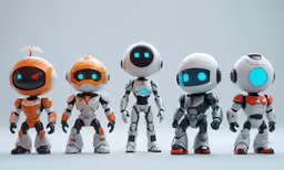 five toy robots are in an artistic fashion