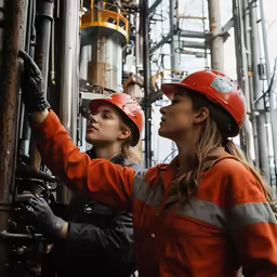 two female workers in orange jackets and safety helmets