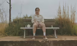 a woman sitting on a bench at the edge of a lake