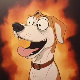 a dog with its tongue out in front of a fire