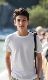 young man on the beach with camera and backpack