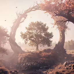 this picture was taken of a misty, autumnal forest