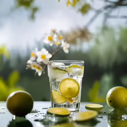 a tall glass filled with water with lemons