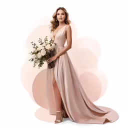 woman in long dress posing in front of flowered backdrop