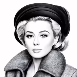 a woman in a coat with a turban on top