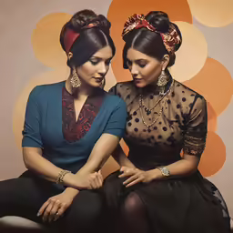 two women sitting in front of a wall with circles