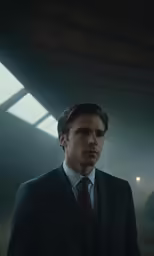 a young man wearing a suit stands in the shadows