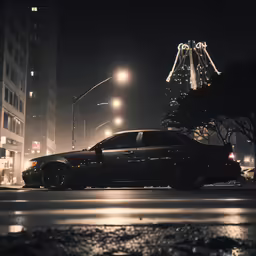 cars wait at an intersection with ferris wheel behind them