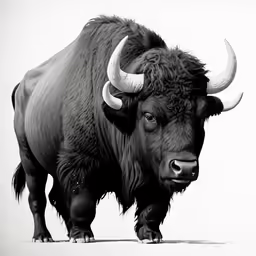a black and white photograph of a bull with large horns