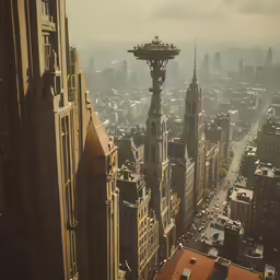 an aerial view of buildings and street in a city