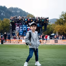 a little boy in jeans and a gray hoodie is walking across a field with an open area that contains a stage, a microphone, and two