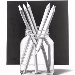 pencils and erasers in an empty glass jar