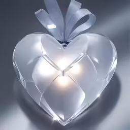 a clear heart shape lamp with silver ribbon around the top