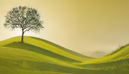 a lone tree sitting on a grassy hillside,an image of a landscape of a tree and hills