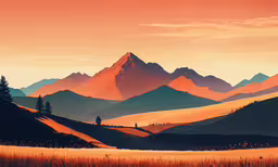 a picture of the top of a mountain range,an orange sky with the mountains in the back