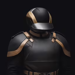 a helmet and glove outfit on display in front of black background