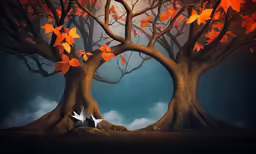 the book is opened to reveal pages to show trees with orange leaves