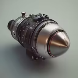 a large camera lens on a grey background