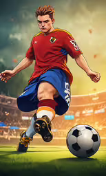 a man wearing a red and yellow uniform kicking a soccer ball,the young man is playing soccer on the field