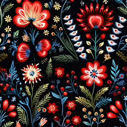 a painting of red and blue flowers on black