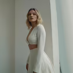 the model wears a white dress and high heels
