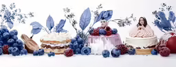 an artistic scene is shown with fruit and cake