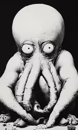an octopus with big eyes, a black background
